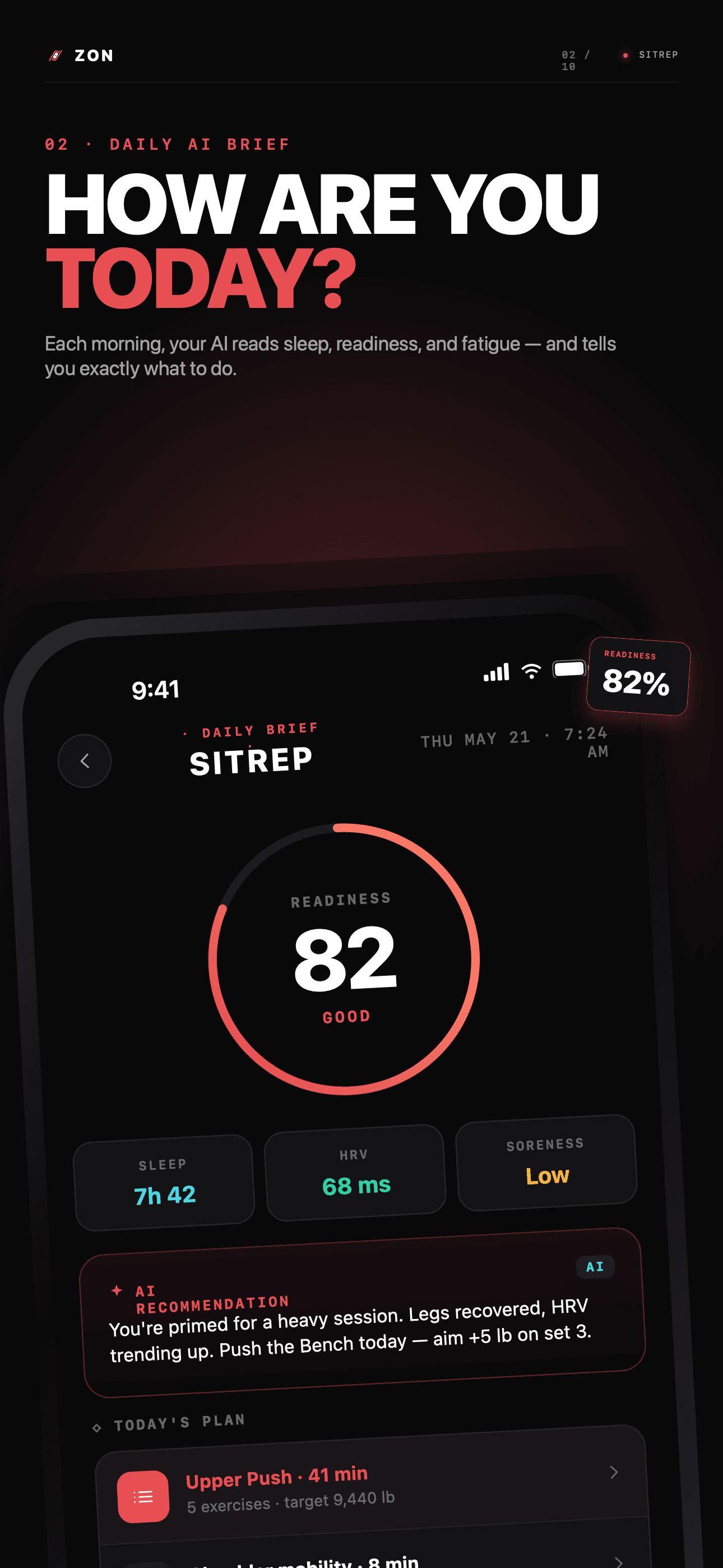 ZON · Daily AI brief — readiness, sleep, HRV, AI recommendation
