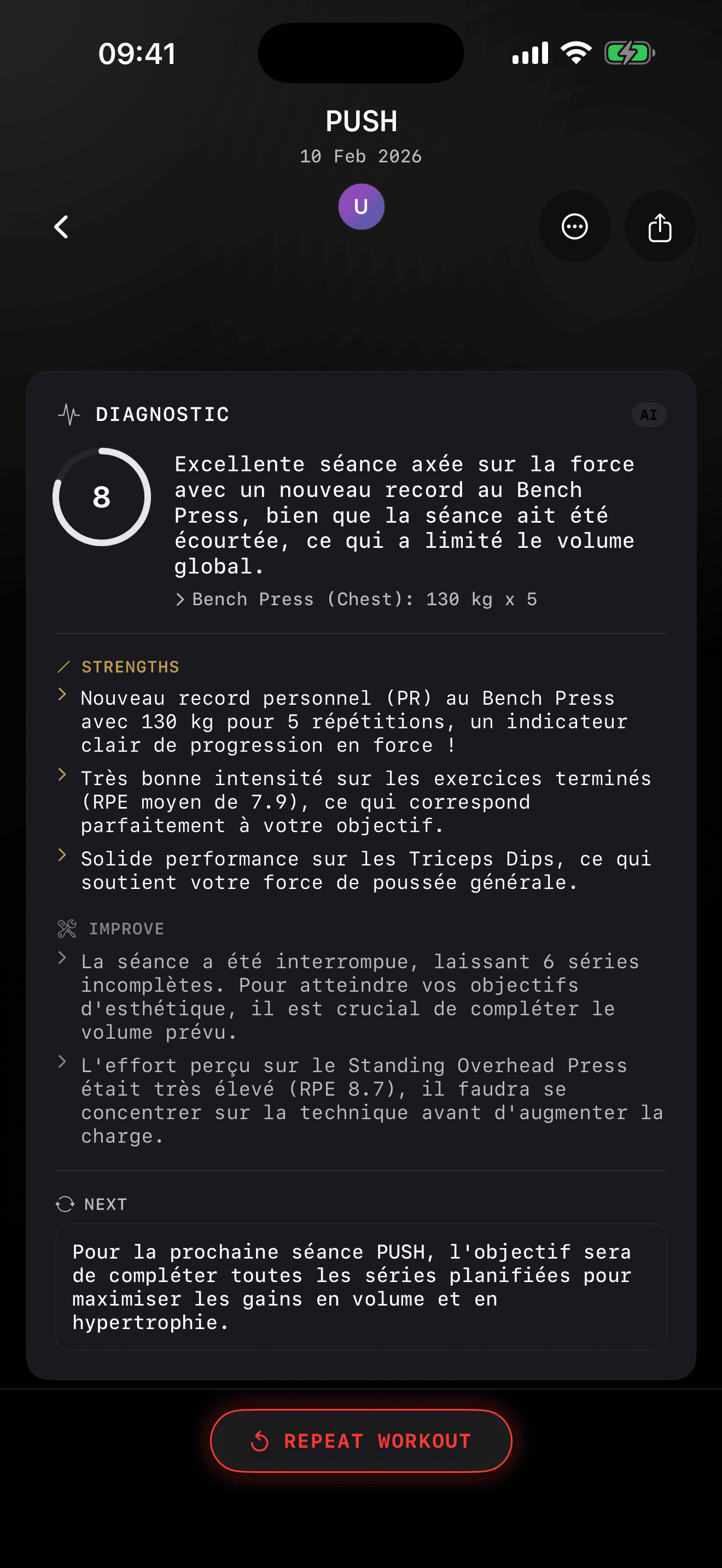ZON app screenshot: AI post-workout debrief