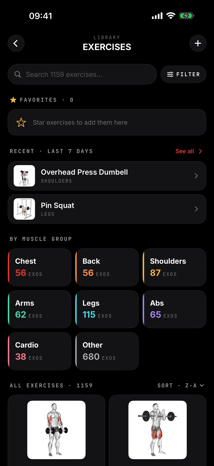 App ZON — bibliothèque d'exercices (600+ mouvements)