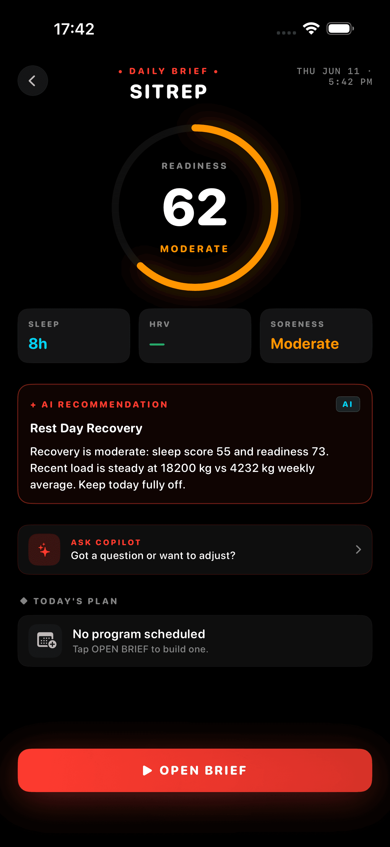 Brief du jour ZON avec le score de forme, le sommeil, la HRV, les courbatures et une recommandation IA
